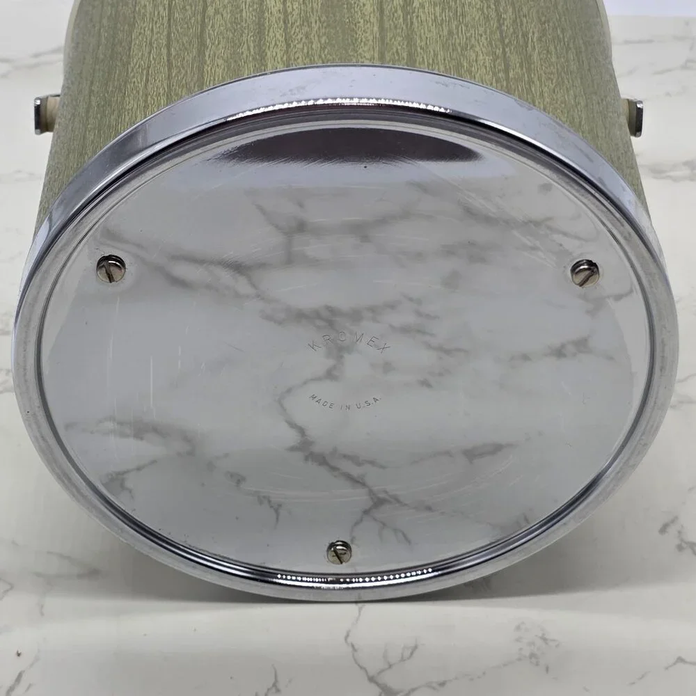 Vintage Kromex Ice Bucket Green Woodgrain Chrome Lid Mid Century Barware USA - Picture 9 of 11